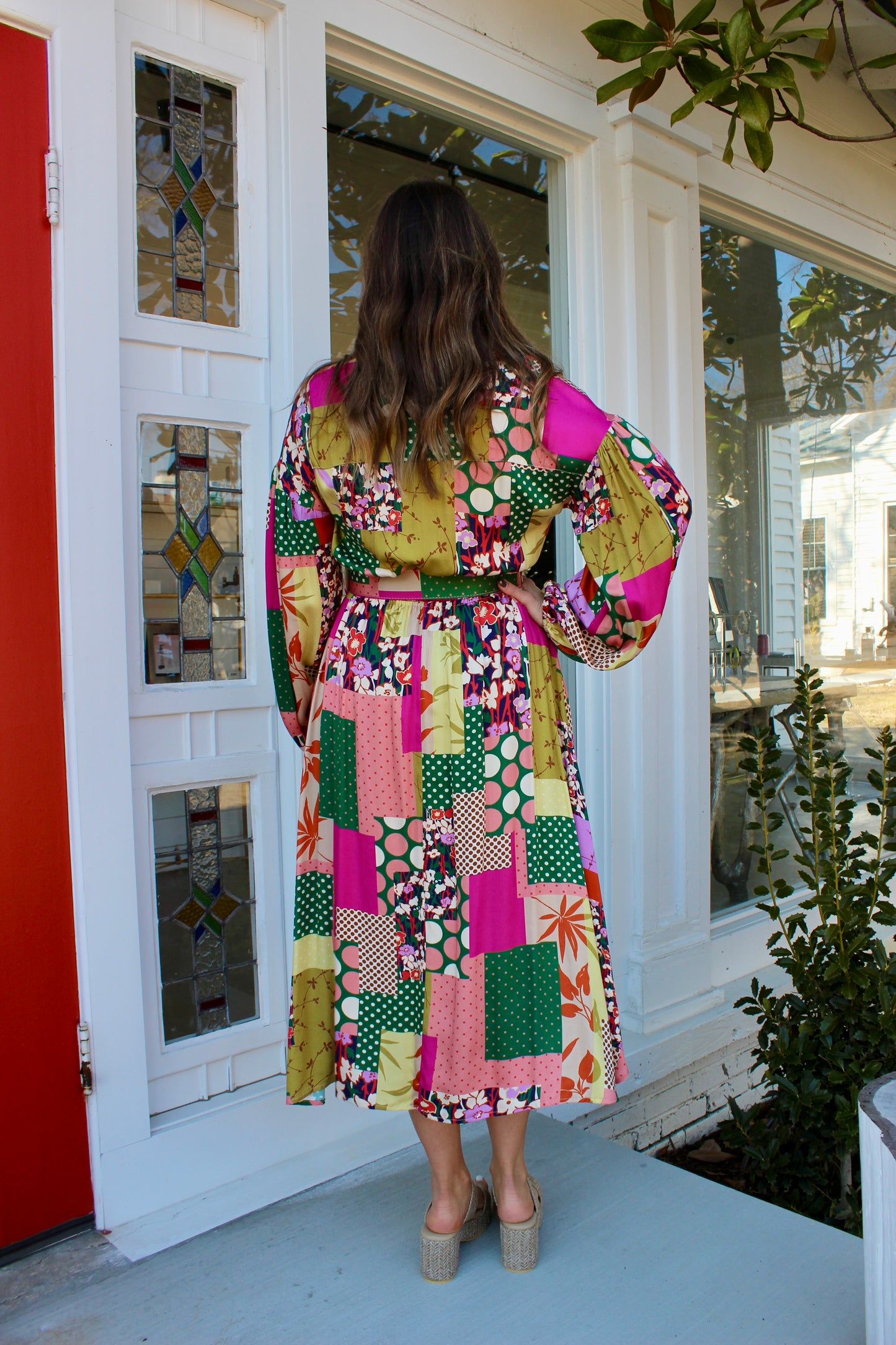 Patchwork Print Belted Midi Dress in Magenta Green