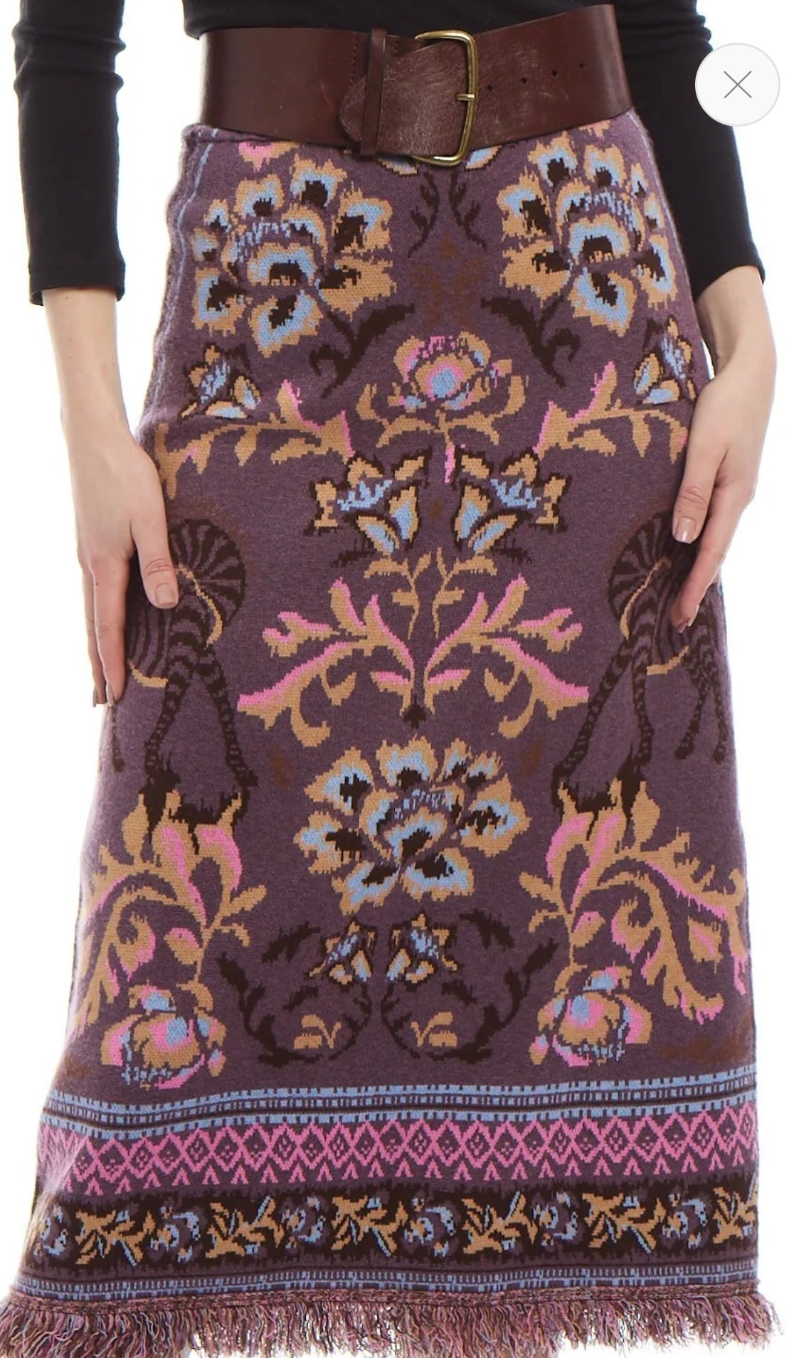 Camille Knit Fringe Skirt in Mocha Jacquard