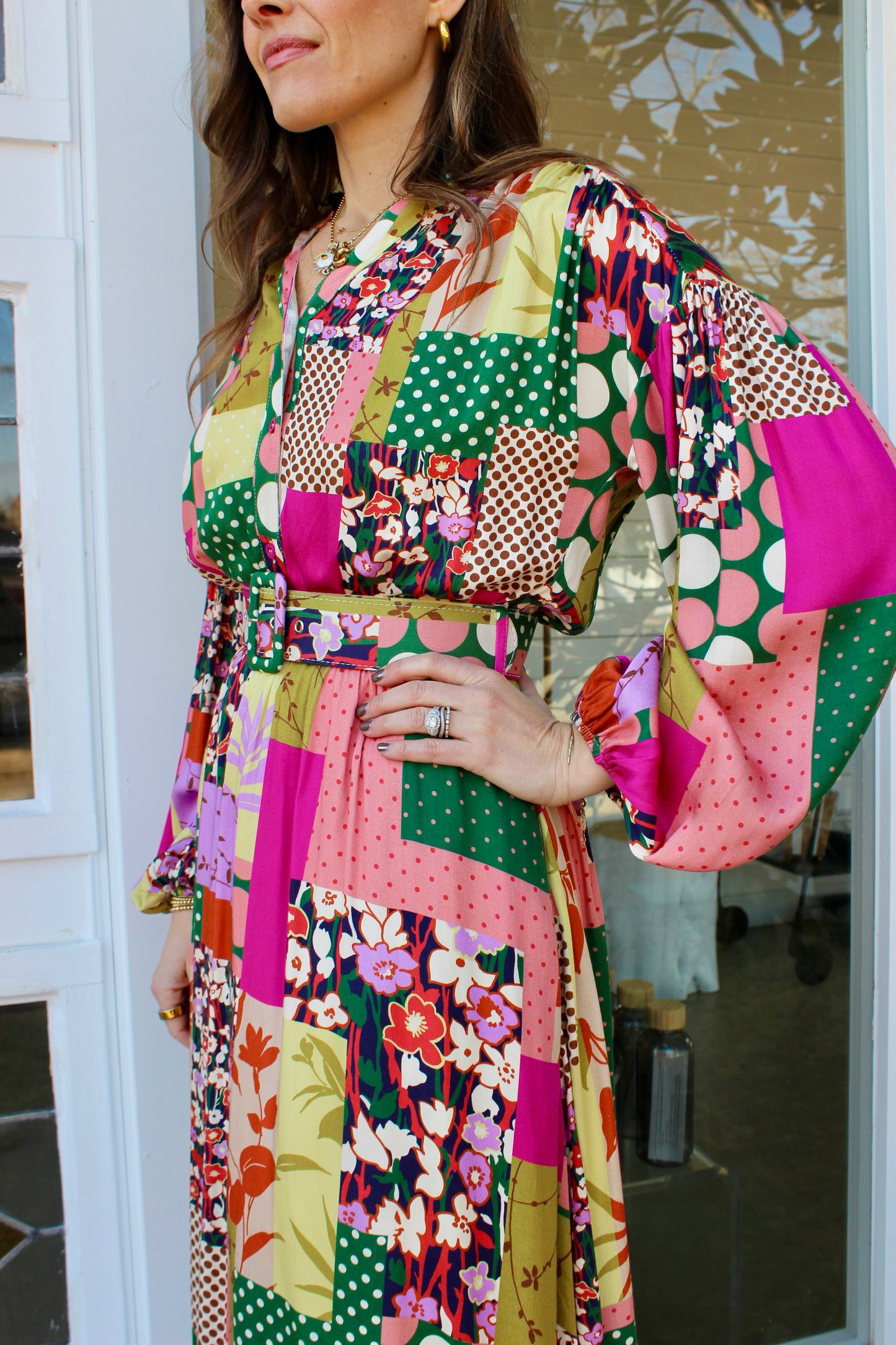 Patchwork Print Belted Midi Dress in Magenta Green
