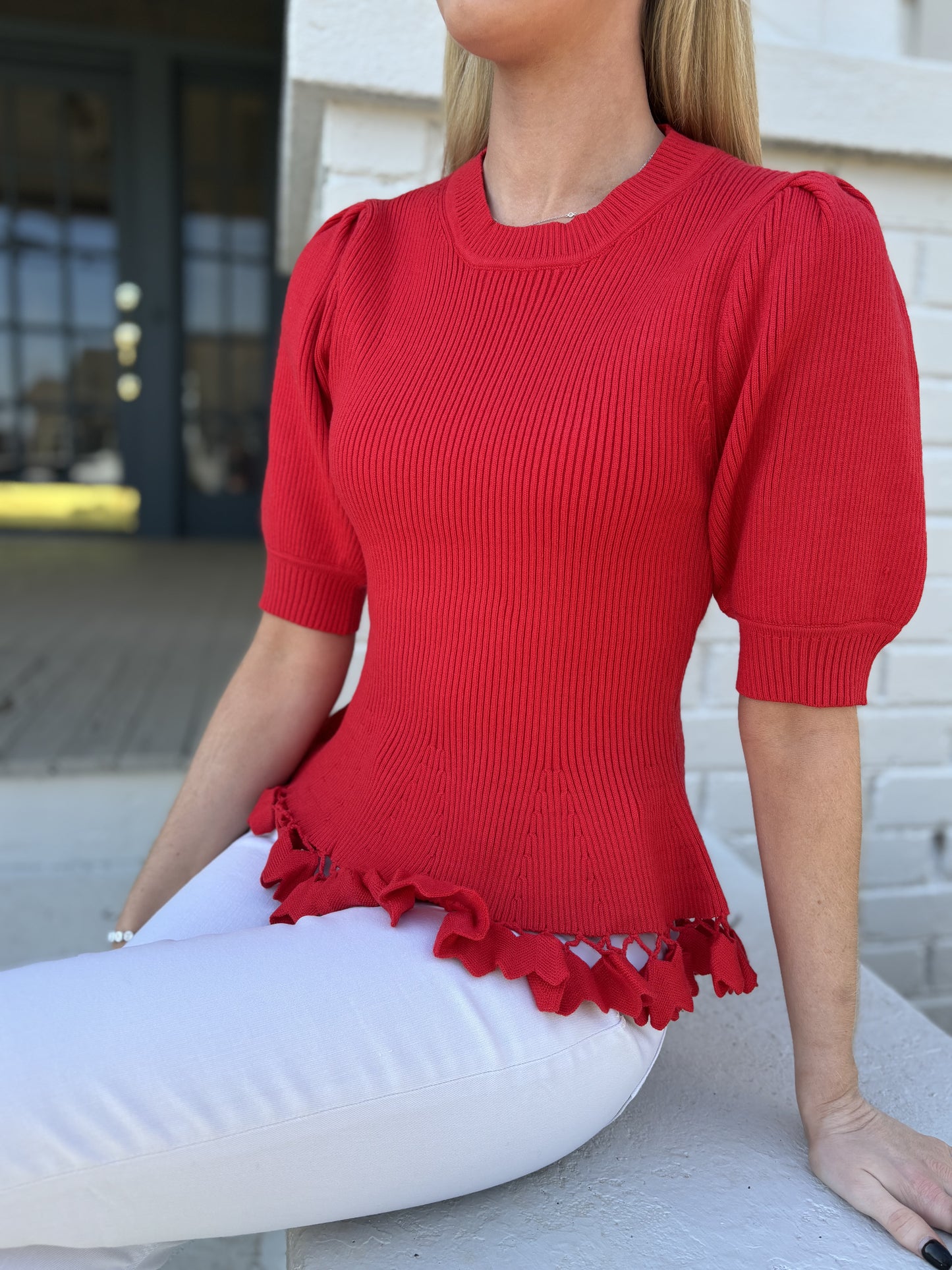 Ribbed Ruffle Trim Sweater in Scarlet Red