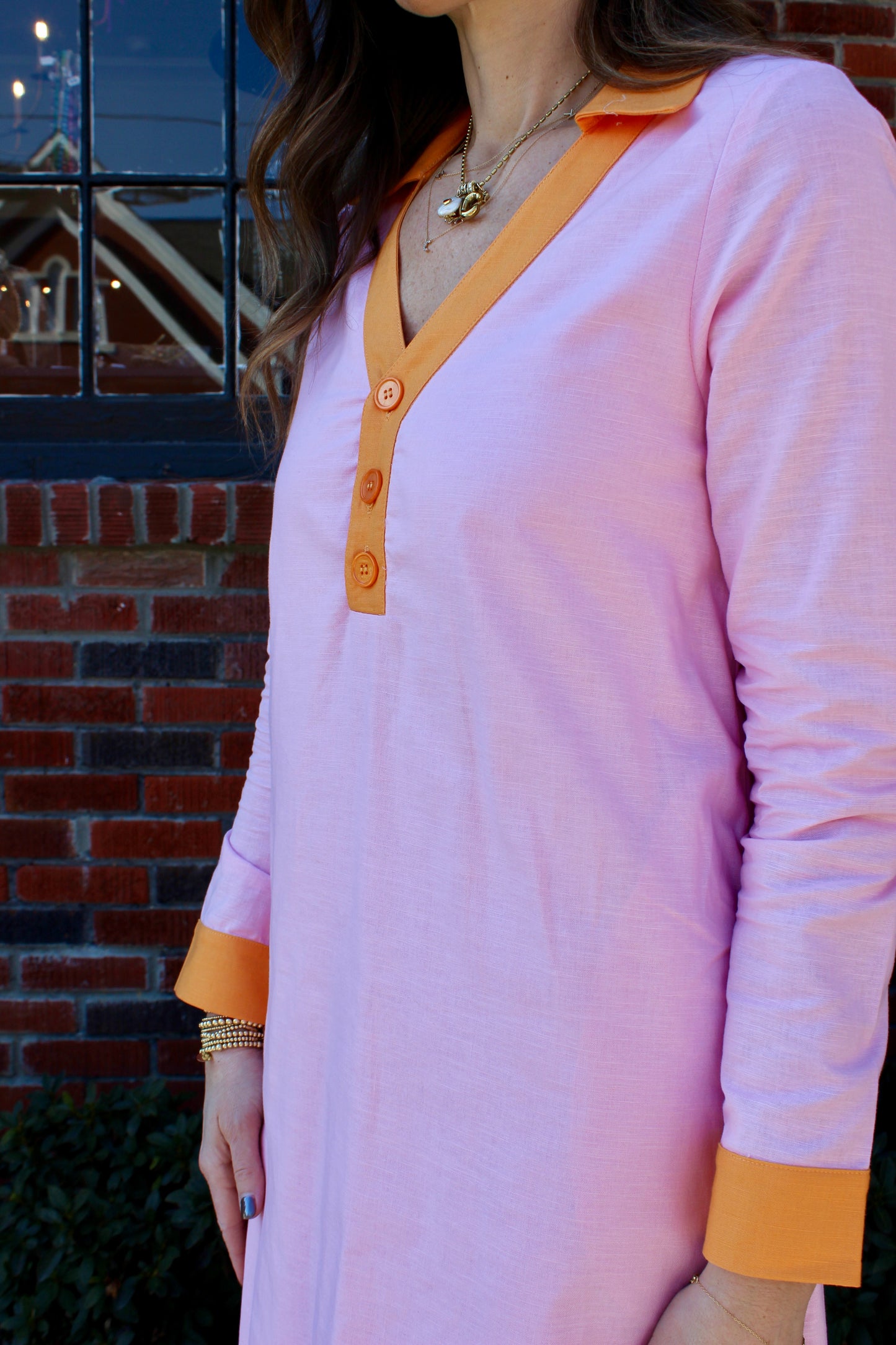 Color Contrast Linen Dress in Pink/Orange