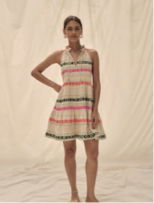Calico Woven Mesh Stripe Jacquard Mini Dress