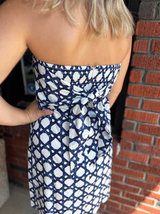 Ella Strapless Dress in Navy Trellis