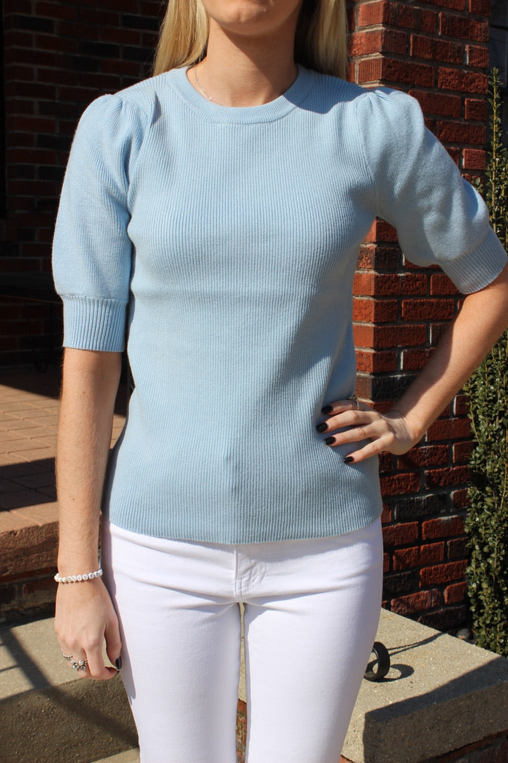 Blue Crew Neck SS Puff Sleeve Sweater