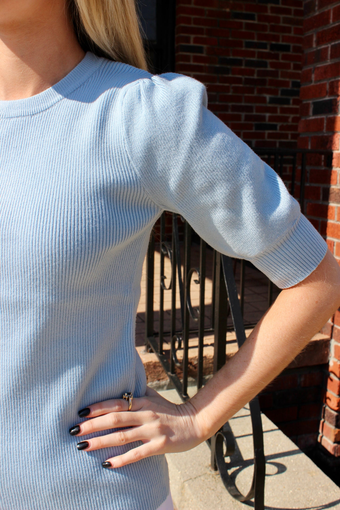 Blue Crew Neck SS Puff Sleeve Sweater