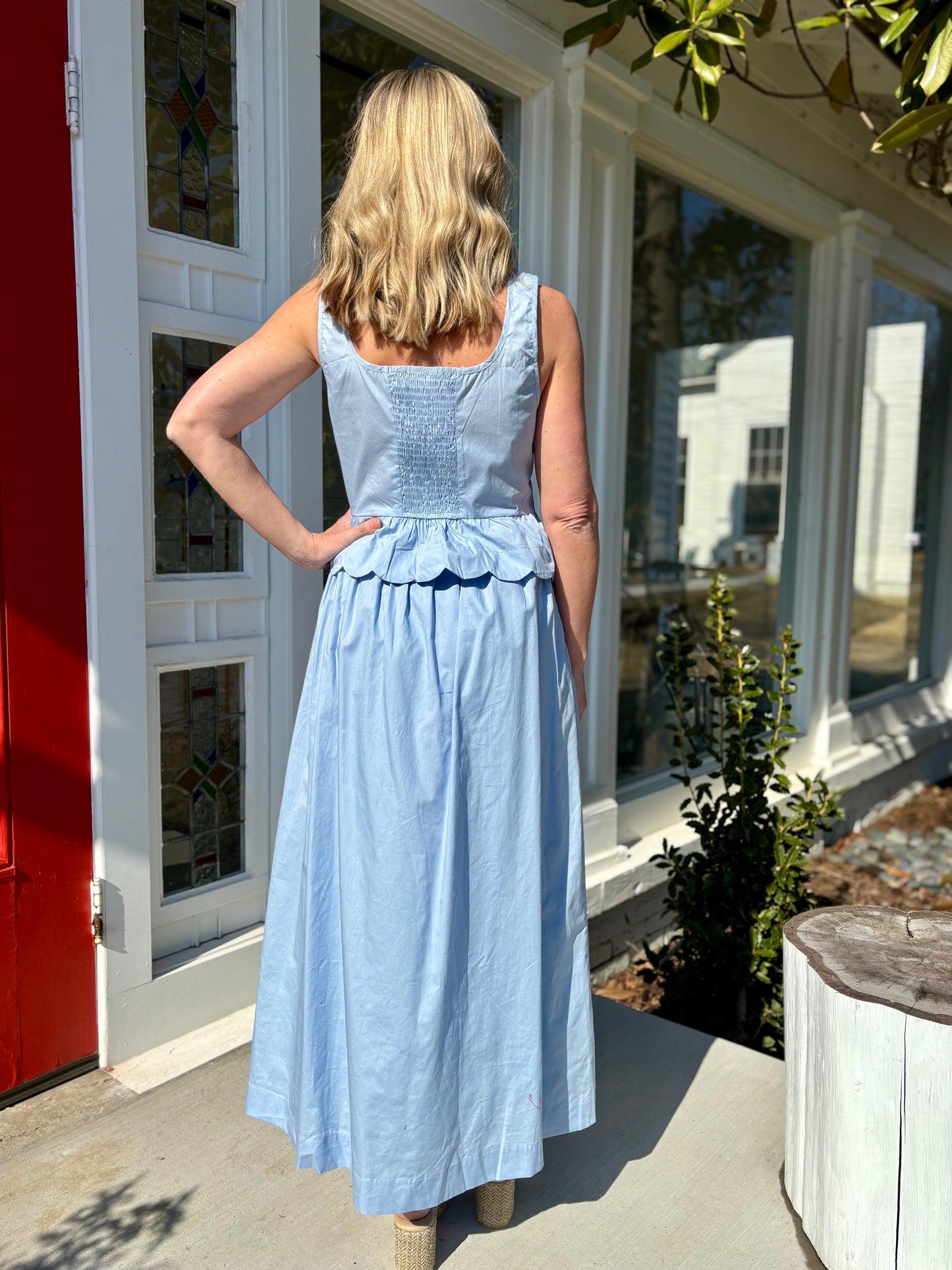 Button Down SLV Peplum top in Blue