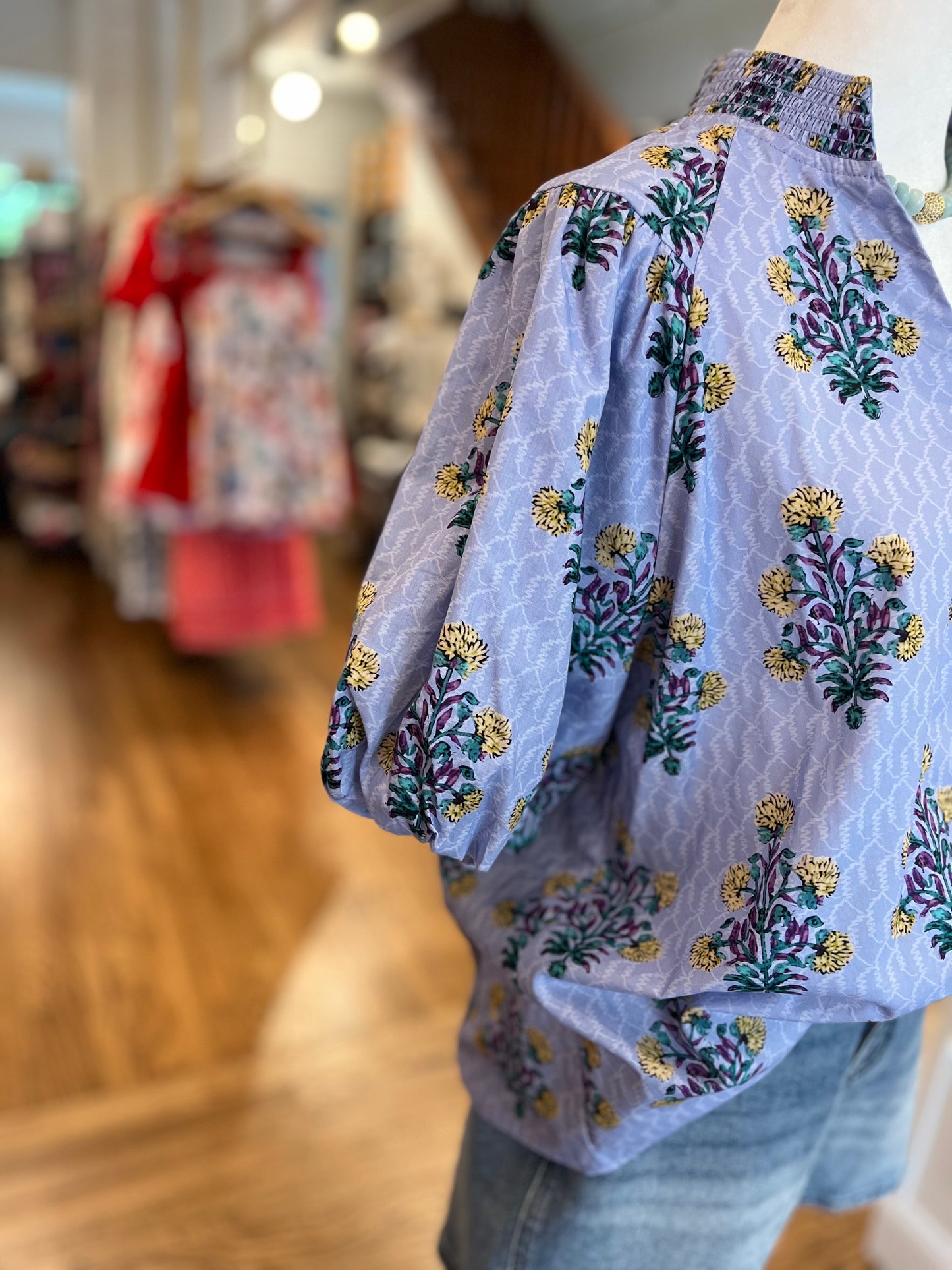 Blue Puff Sleeve Floral Top
