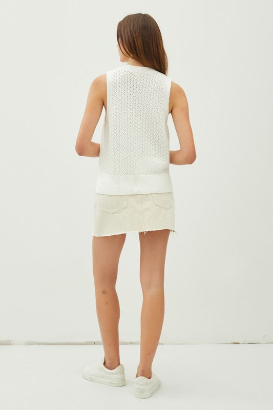 Crochet S/L Knit Sweater W/side Slit in Ivory