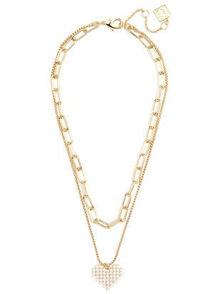Layered Chain & Pearl Heart Pendant Necklace