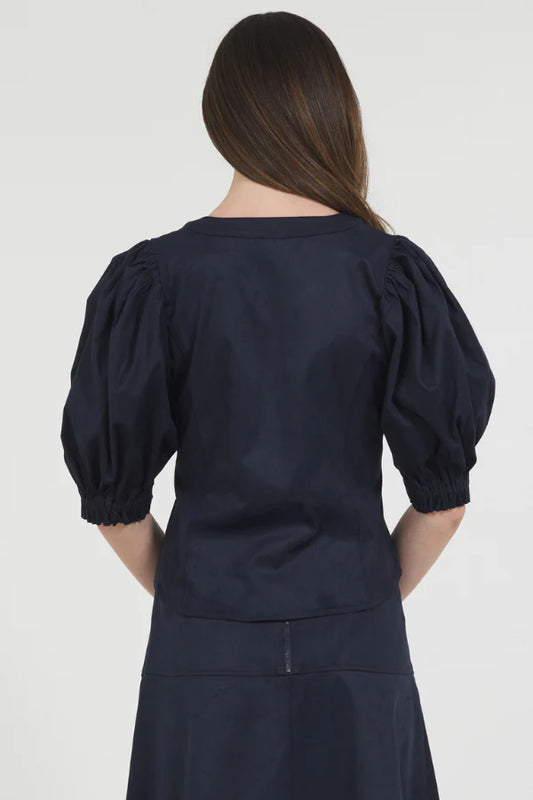 Vegan Suede Puff Sleeve Top in Midnight