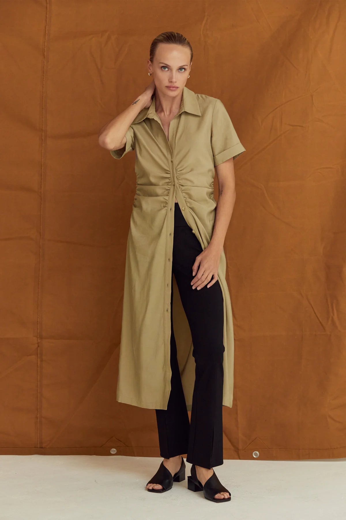 Edith Button Up Shirt Dress in Taupe