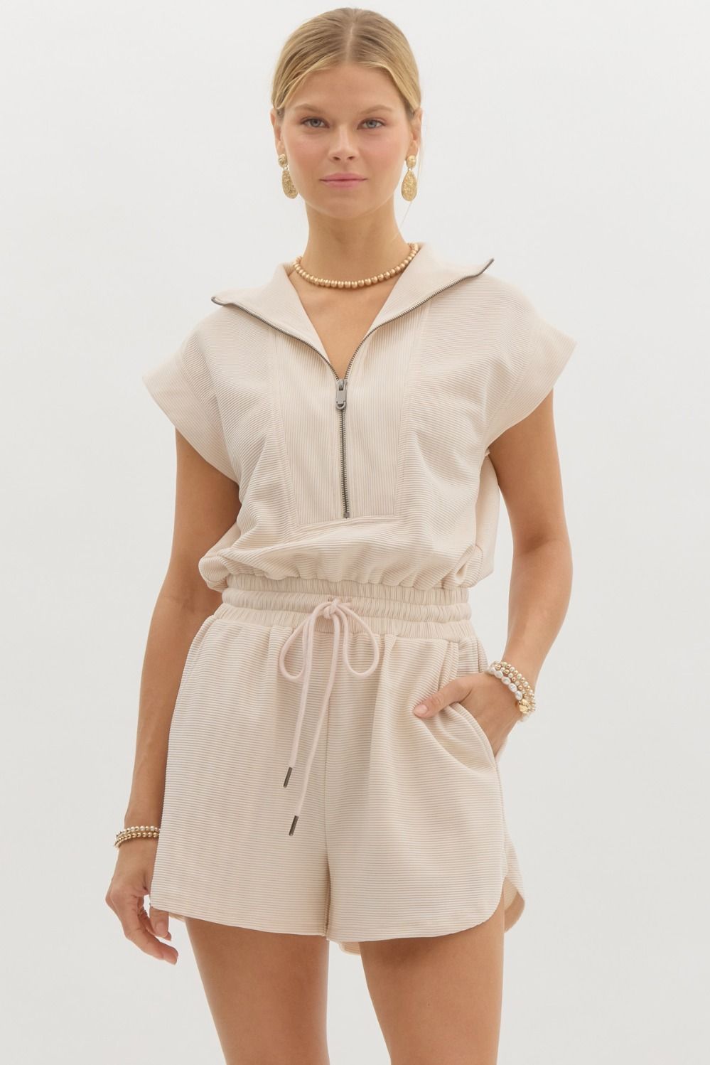 Ribbed Cap Sleeve Romper in Ecru