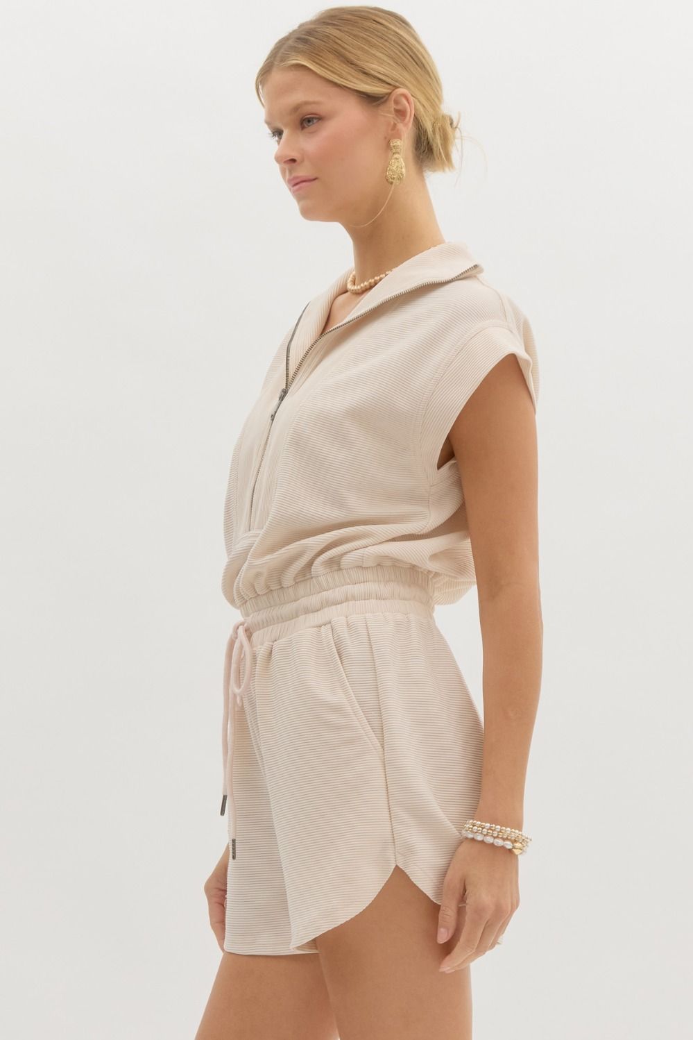 Ribbed Cap Sleeve Romper in Ecru