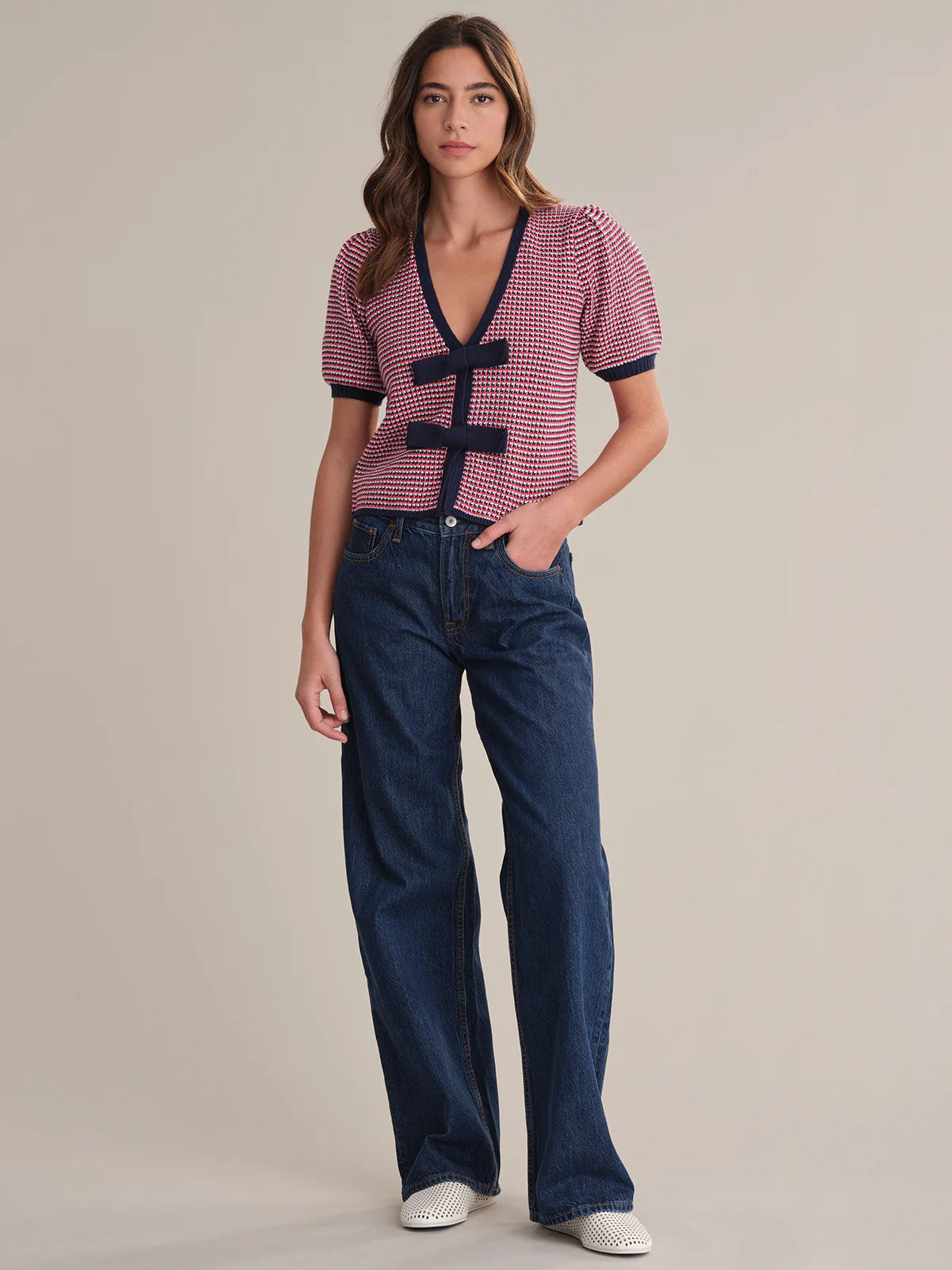 Puff Sleeve Tie Front Cardi in Tomato Multi