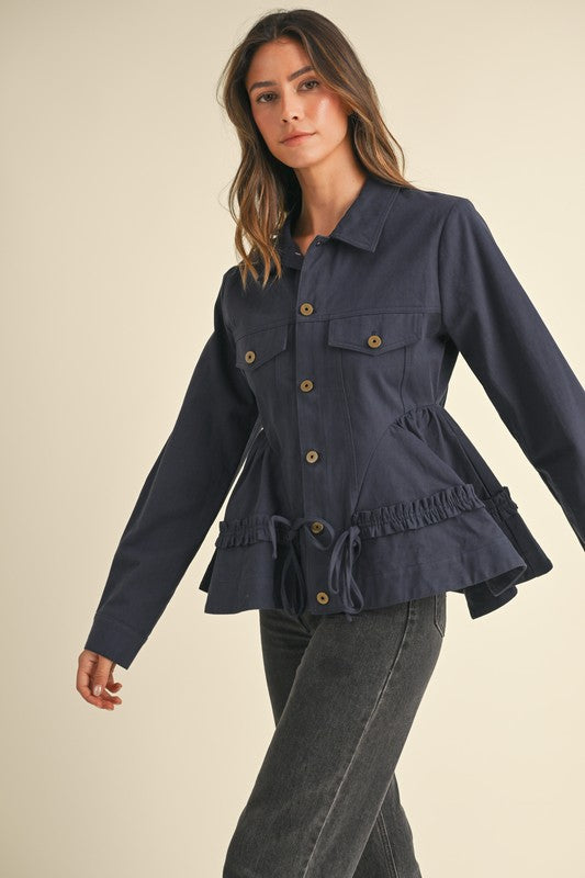 Ruffle Detailed Voluminous Peplum Jacket in Navy