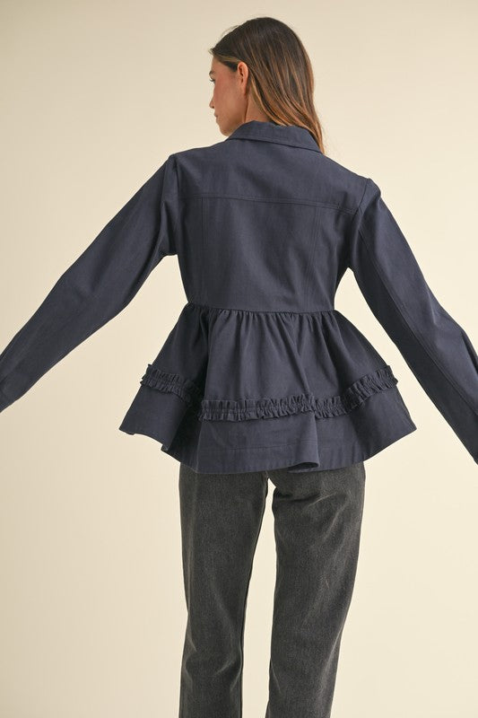 Ruffle Detailed Voluminous Peplum Jacket in Navy