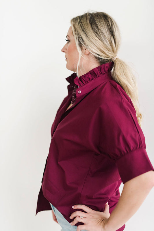 Short Sleeve Ruffle Shirt in Maroon