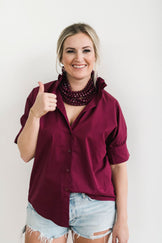 Short Sleeve Ruffle Shirt in Maroon