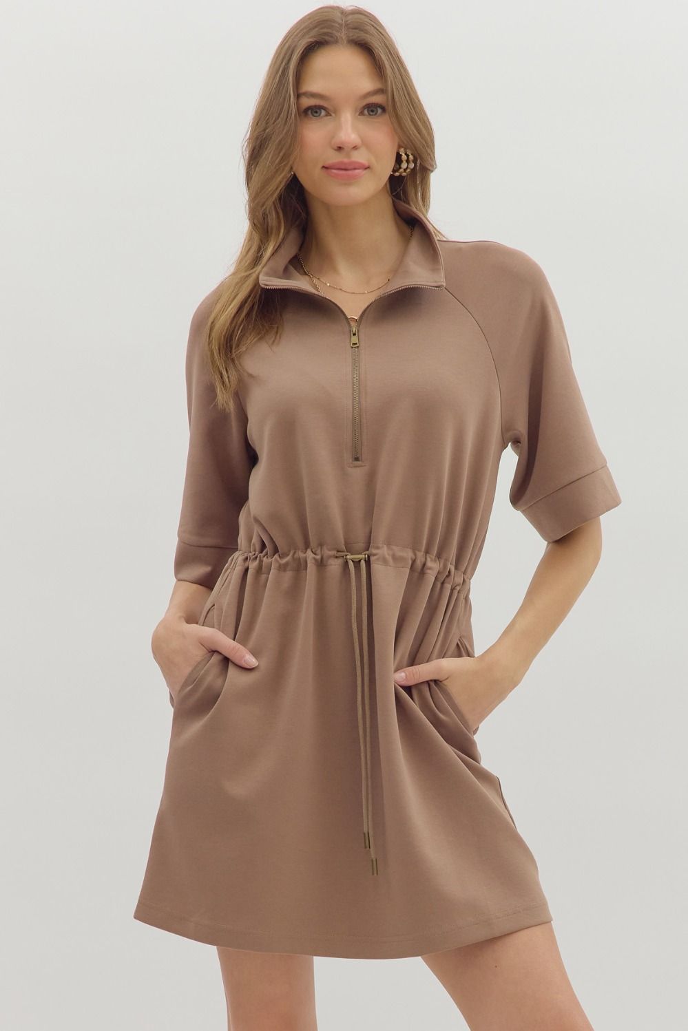Zip Front Pulllover Mini Dress in Mocha