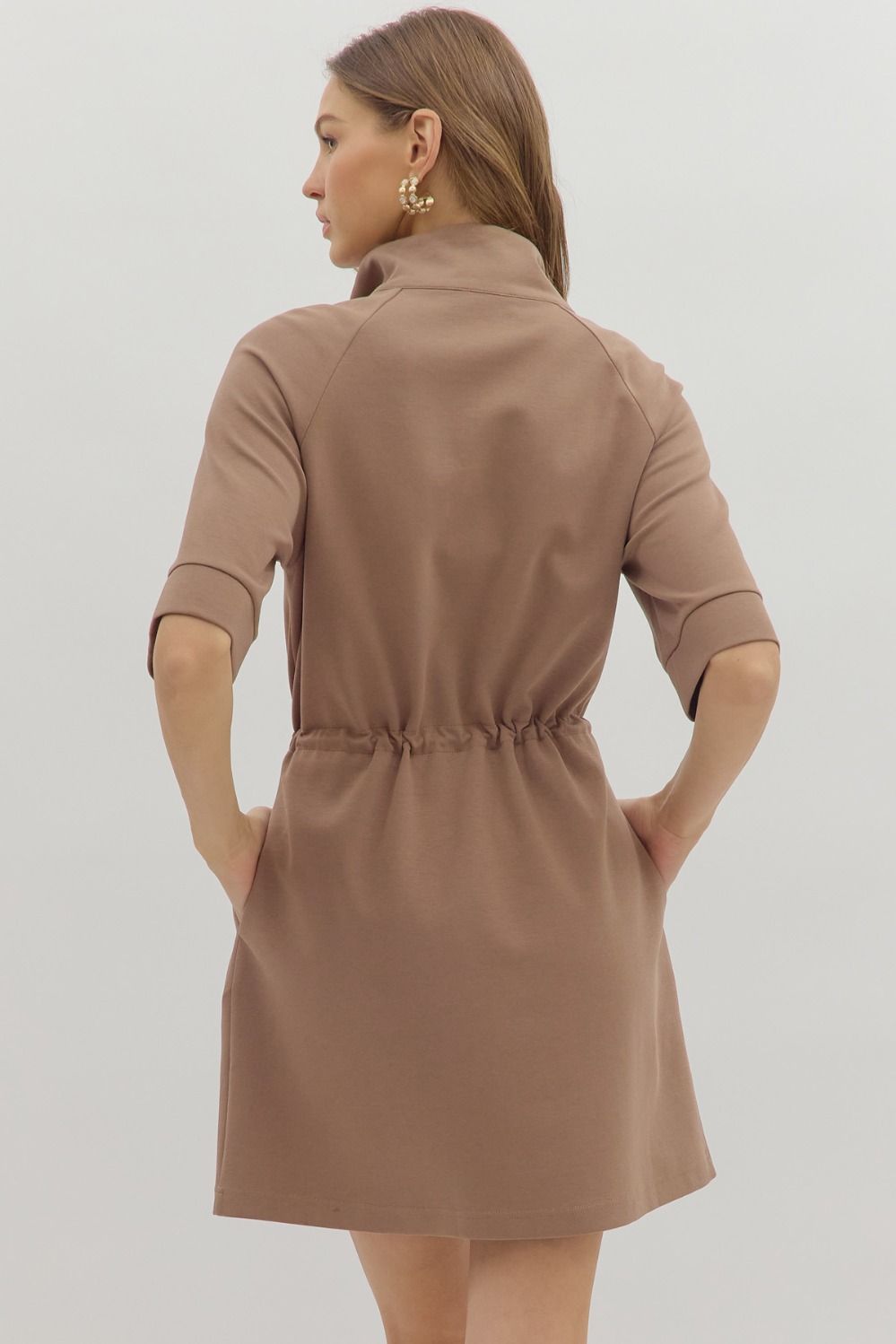 Zip Front Pulllover Mini Dress in Mocha
