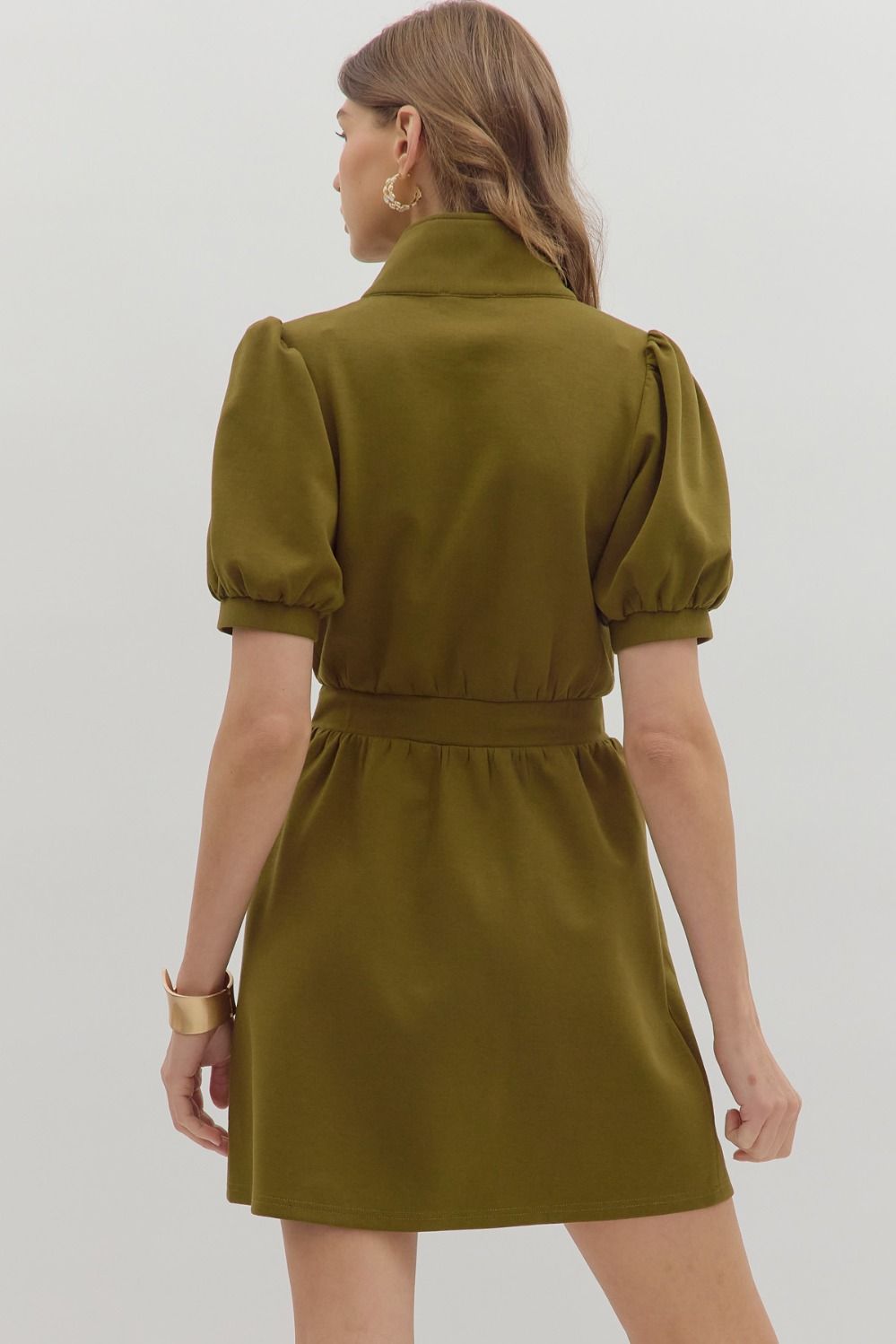Puff Sleeve Zipper Dress in Olive