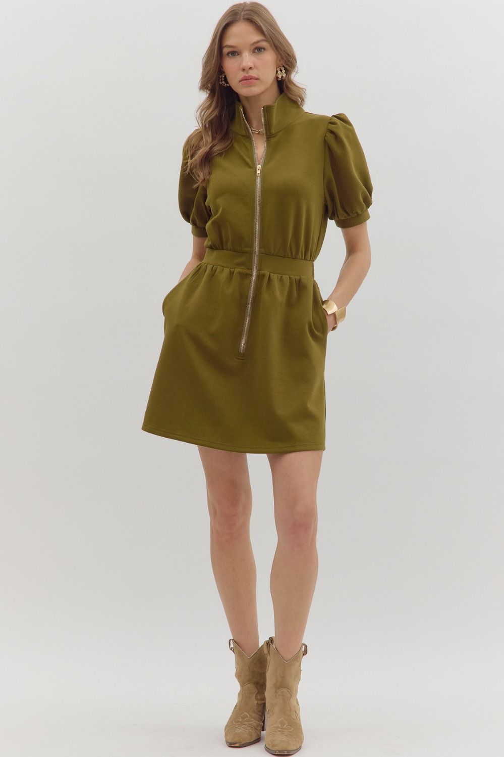Puff Sleeve Zipper Dress in Olive