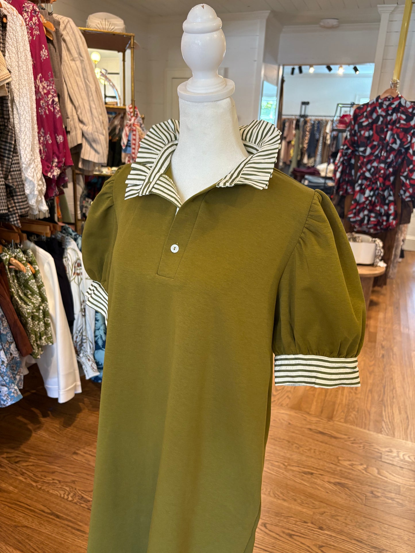 Stripe Trim Ruffle Collar Dress in Olive