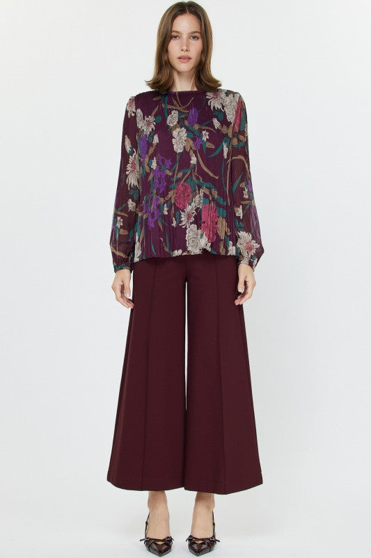 Pleated Blouse in Wine Multi