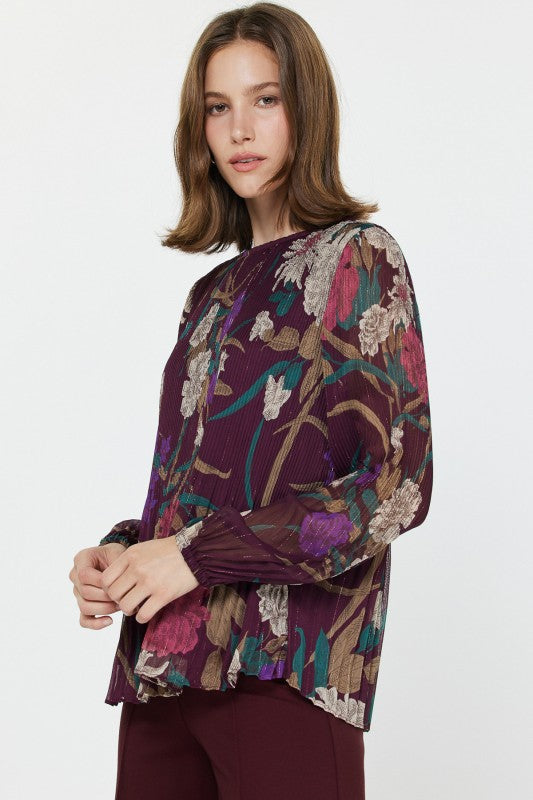 Pleated Blouse in Wine Multi