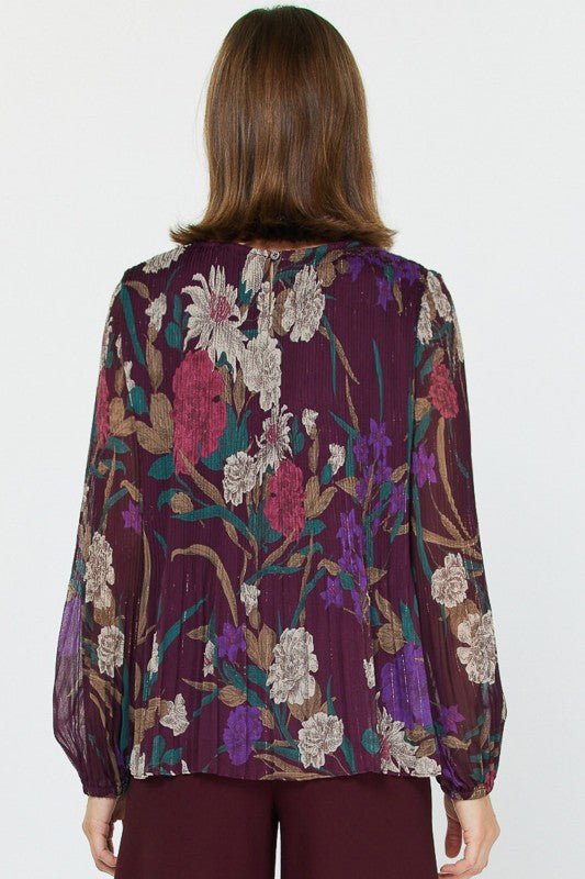 Pleated Blouse in Wine Multi
