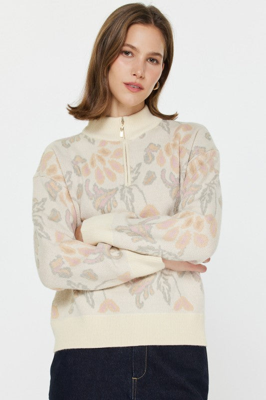 Pattern Jacquard Half Zip Sweater in Cream Multi