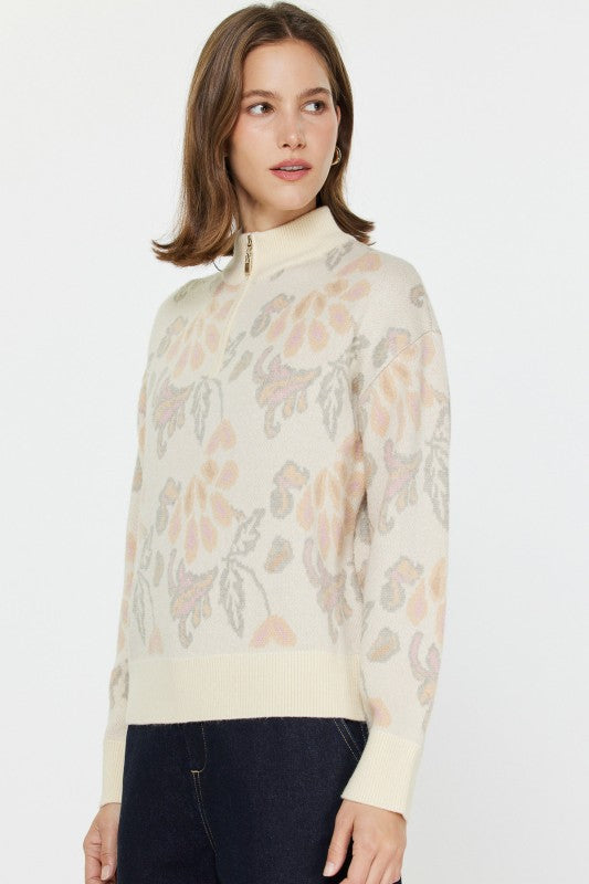 Pattern Jacquard Half Zip Sweater in Cream Multi