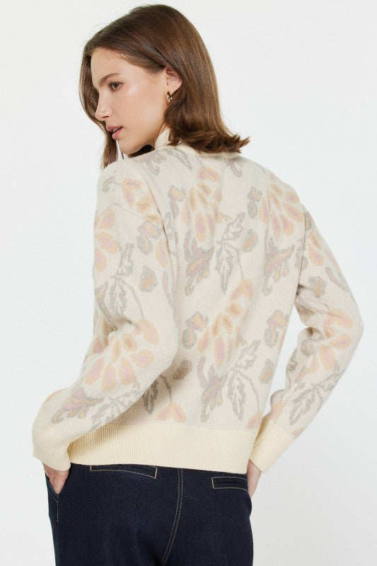 Pattern Jacquard Half Zip Sweater in Cream Multi