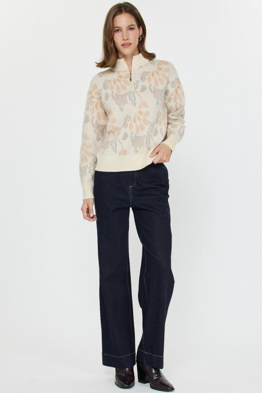Pattern Jacquard Half Zip Sweater in Cream Multi