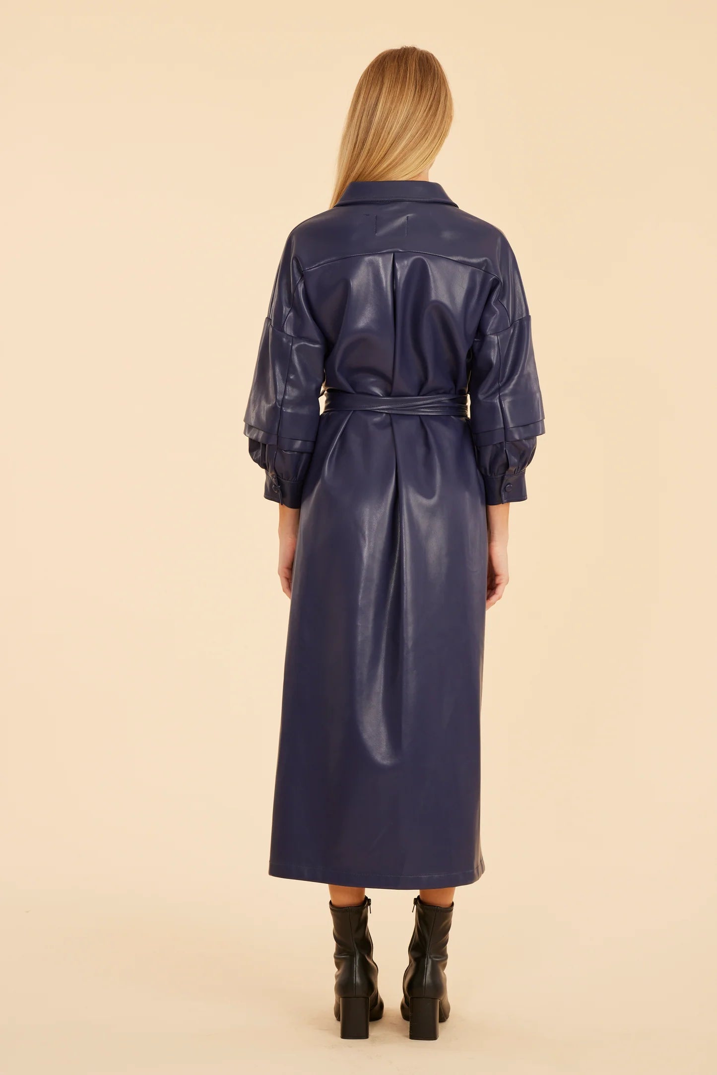 Vegan Leather Maxi Ruched Sleeve in Navy
