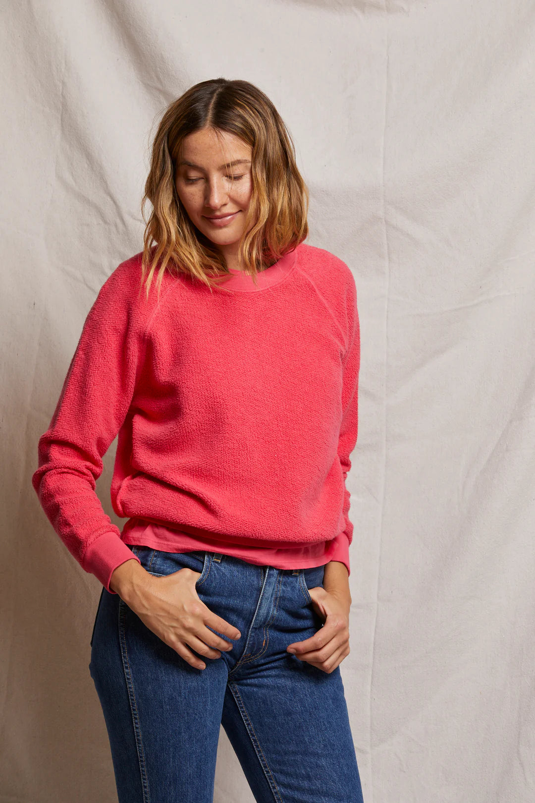 Reverse Fleece LS Shrunken Crew in Pink Bloom
