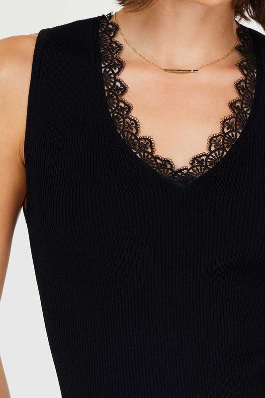 V Neck SL Tank W/Lace Detail