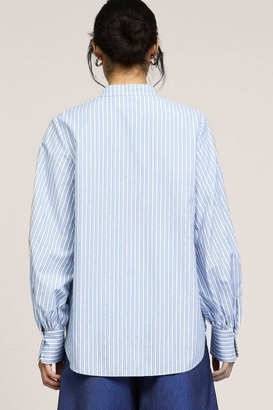 Striped Rhinestone Mandarin Collar Shirt in Light Blue Multi