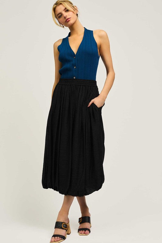 Smocked Waist Bubble Midi Skirt in Black