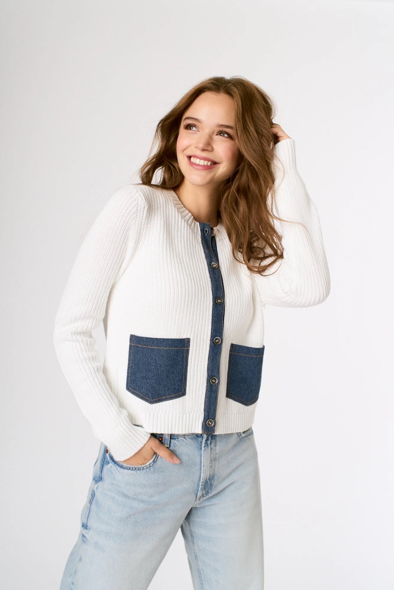 Denim Pocket Cardi in White
