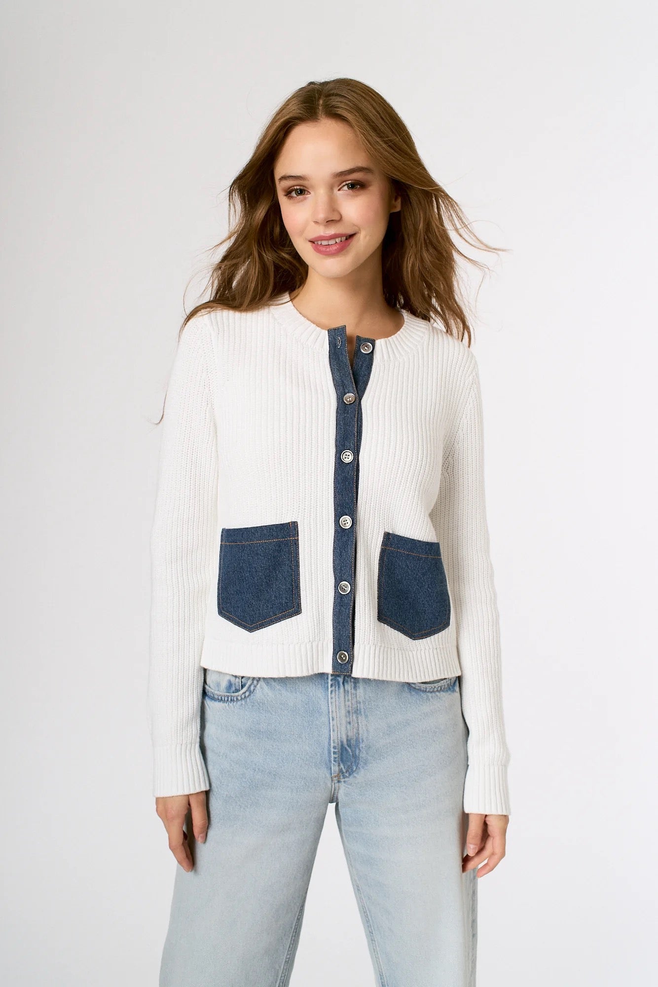 Denim Pocket Cardi in White