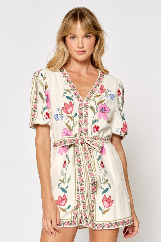 Short Sleeve Puff Sleeve Romper in Off White/Pink Multi