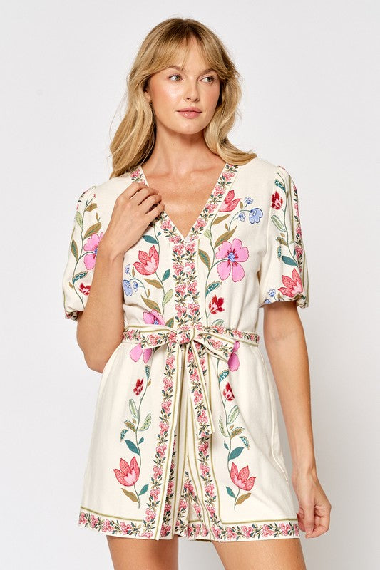 Short Sleeve Puff Sleeve Romper in Off White/Pink Multi