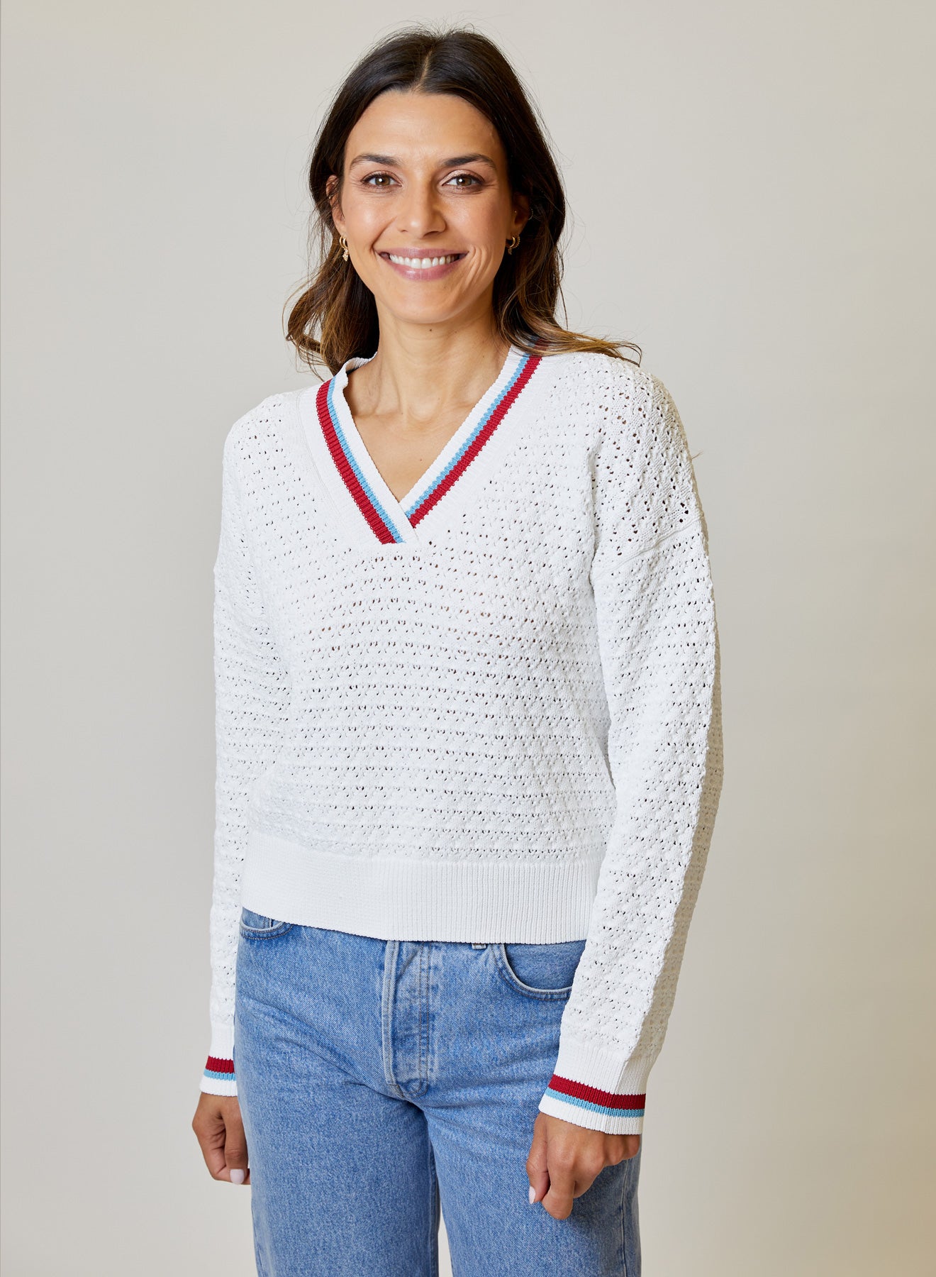 White Long Sleeve Sweater With Red and Blue Trim