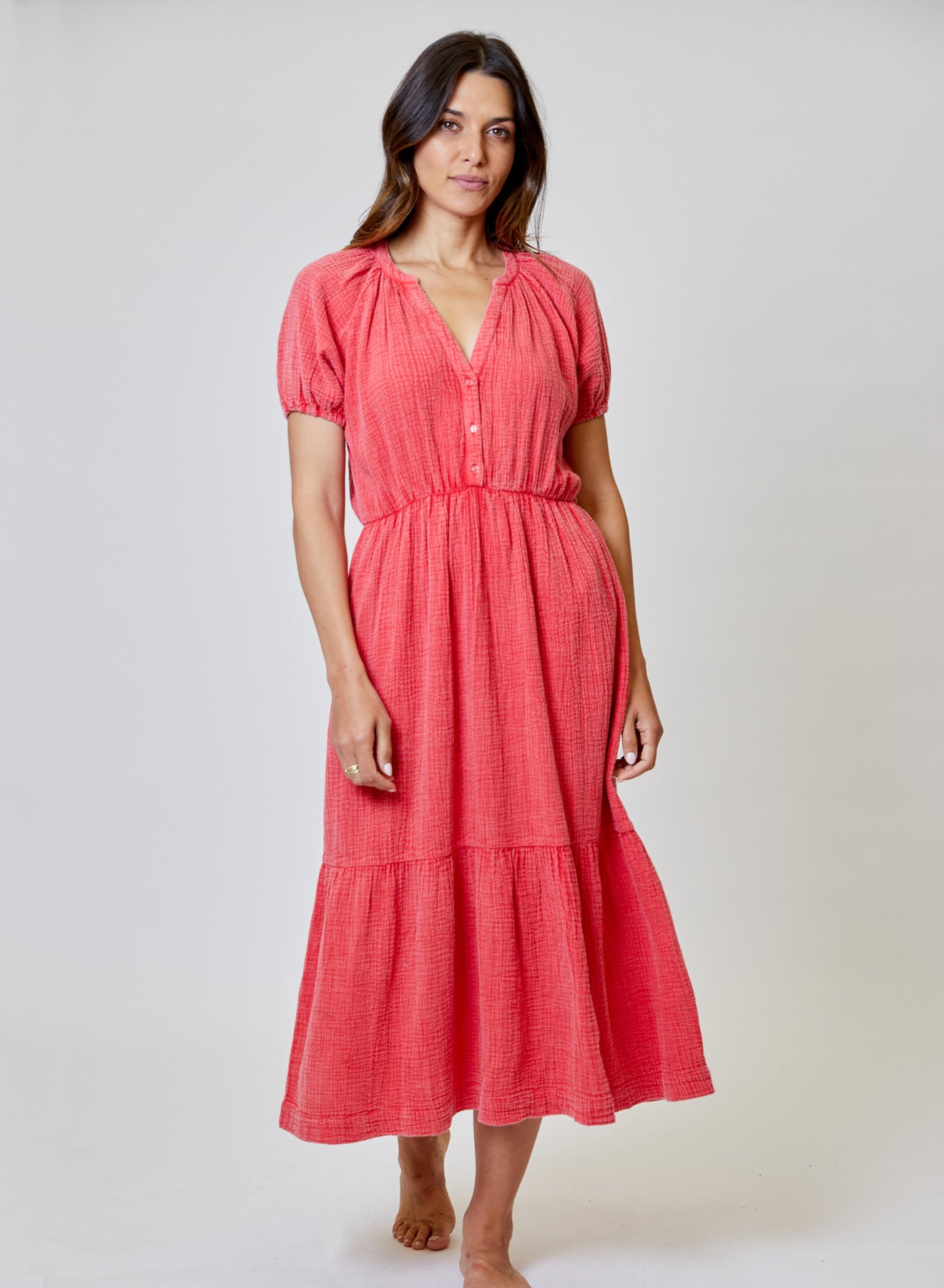 Red Gauze Short Sleeve Midi Dress