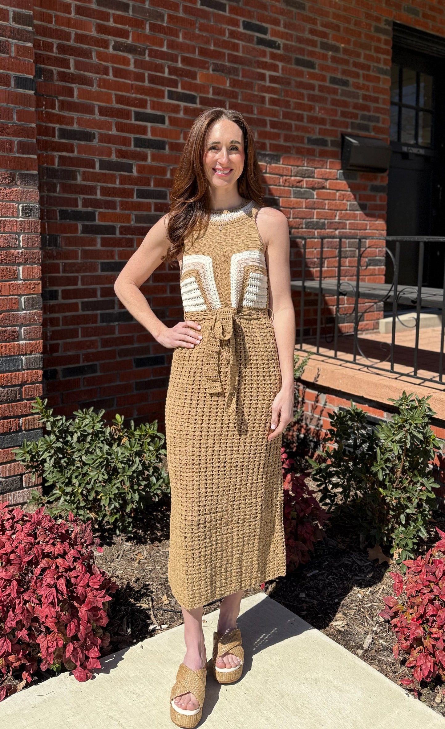 Kiana Crochet Midi Dress in Beige/Ivory