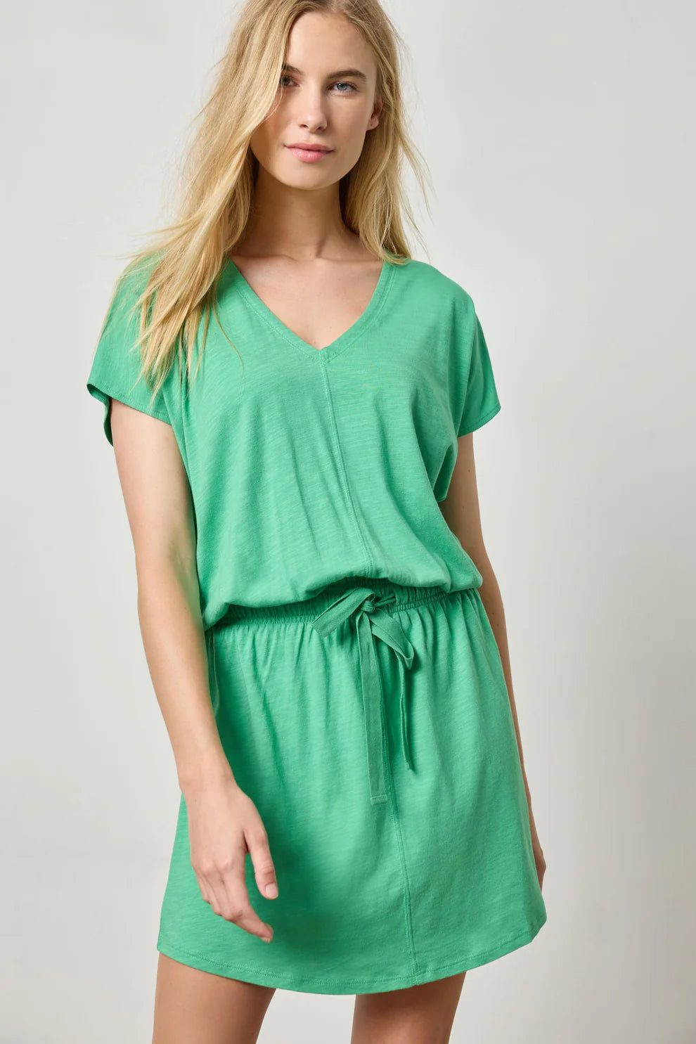 Elastic Waist V Neck Dress in Green