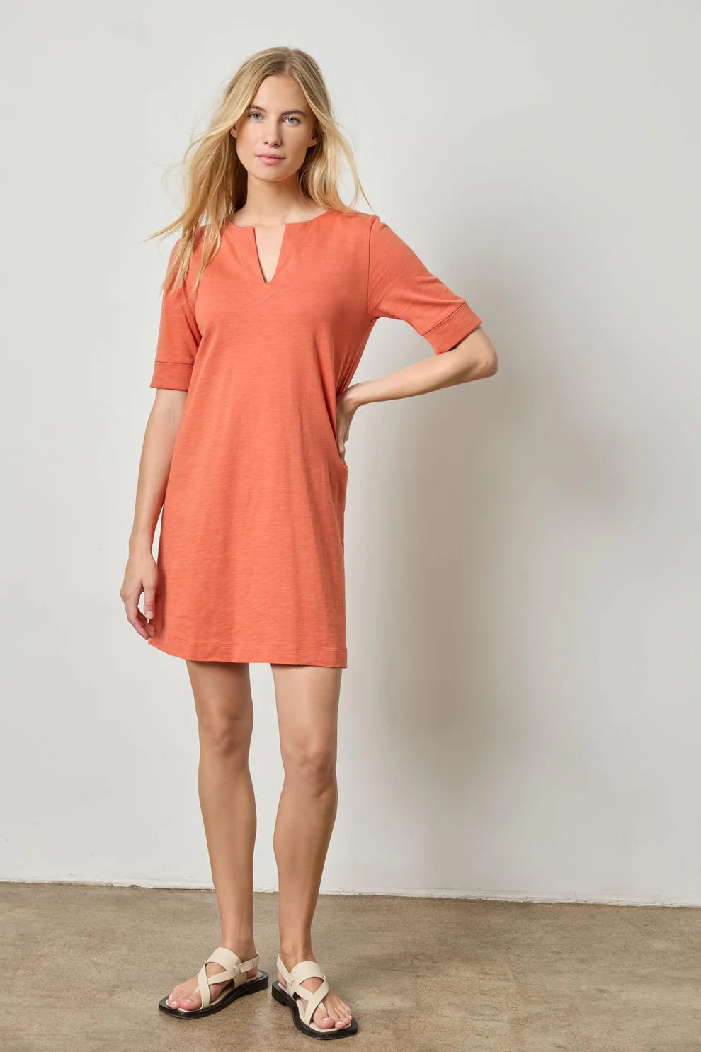 Elbow Sleeve Split Neck Dress in Terracotta