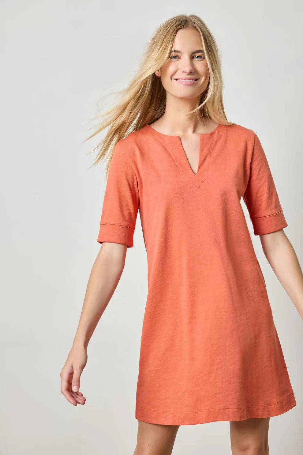 Elbow Sleeve Split Neck Dress in Terracotta