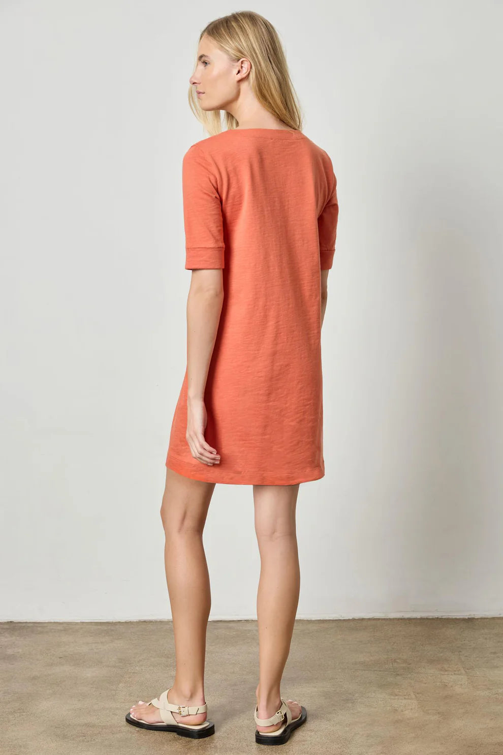 Elbow Sleeve Split Neck Dress in Terracotta